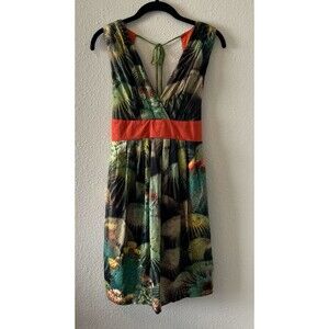 Eva Franco Anthropologie Dress Size 4 Succulents Green Orange Tie Back Western